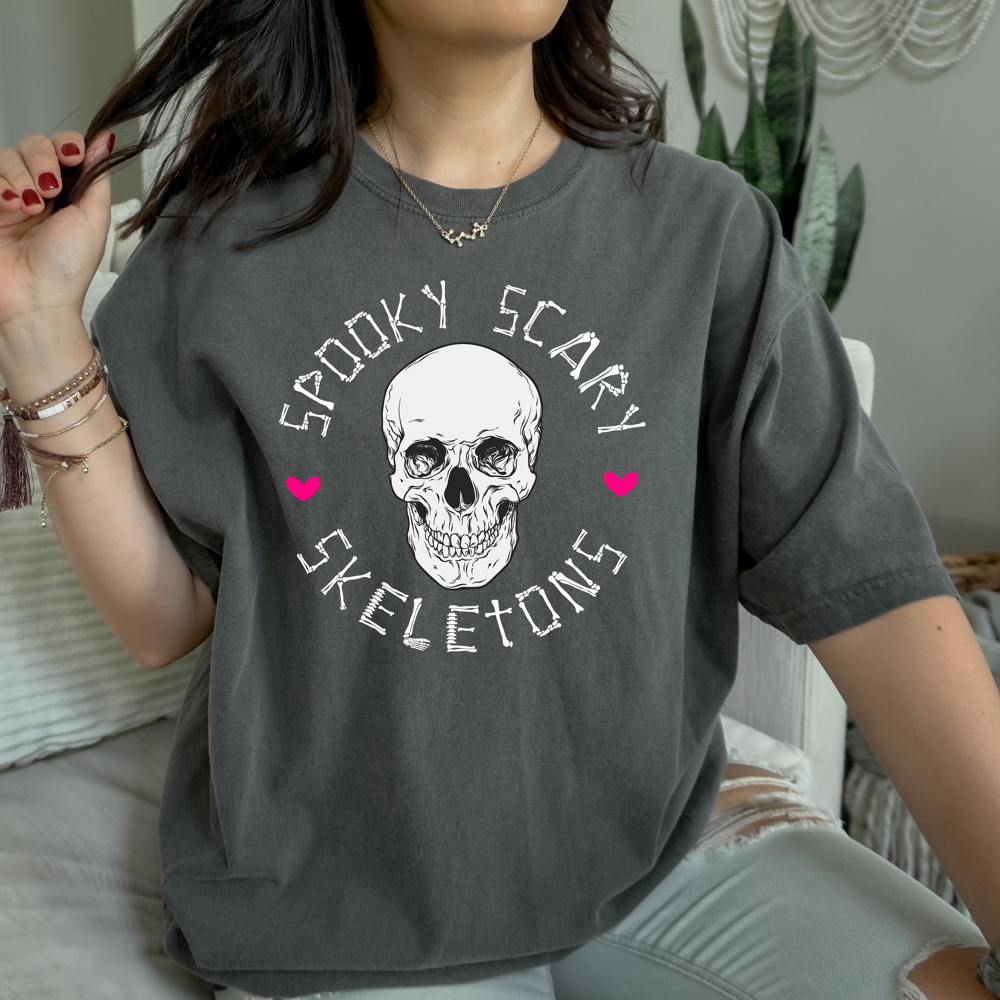 Spooky Scary Skeleton Tee | Halloween Skull Shirt | Holiday T-shirt | Charcoal Gray | Comfort Colors | Pepper