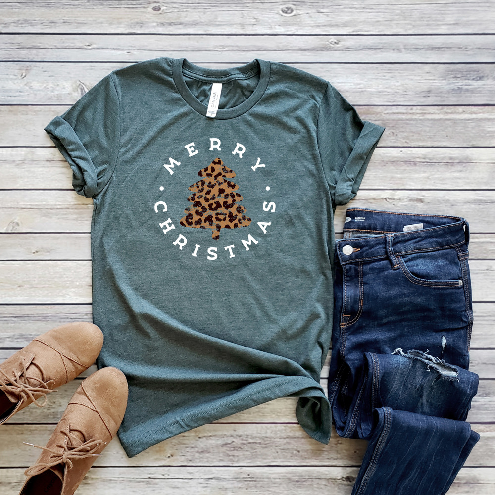 Merry Christmas Leopard Tee | Bella | Forest Green | Christmas Tree Shirt | Winter