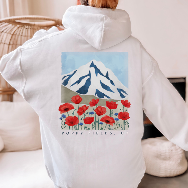 Mountain Poppies Hoodie | Outdoor Sweatshirt | Floral | Flower | Red | Landscape 