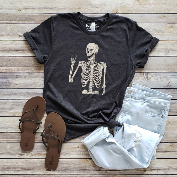 Skeleton Rock and Roll Tee | Halloween Shirt | Skull T-shirt | Holiday | Black | Bella