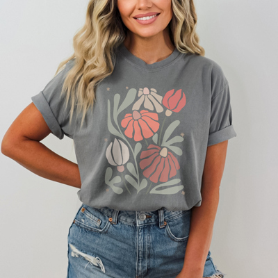 Coral Flower Tee | Floral Shirt | Gray Comfort Color | Summer | Spring