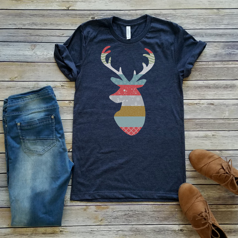 Stag Christmas Shirt | Deer Christmas Tee | Holiday T-shirt | Striped Shirt