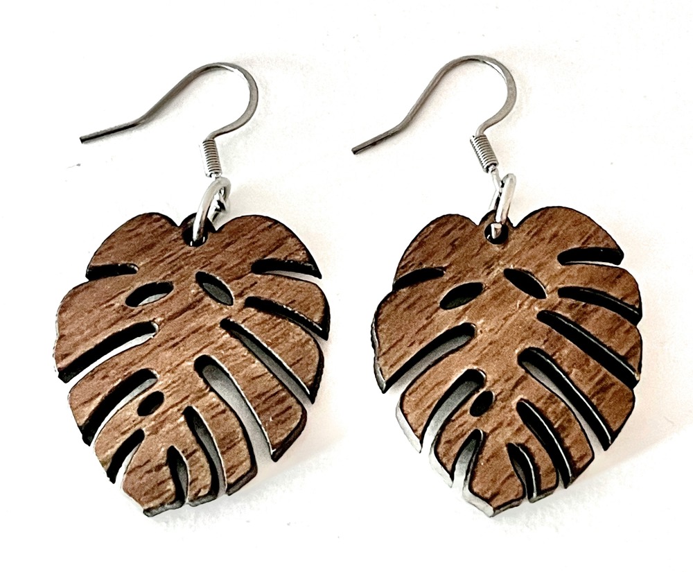 Walnut Wood Monstera Tropical Leaf Drop Earrings