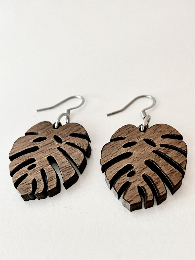 Walnut Wood Monstera Tropical Leaf Drop Earrings