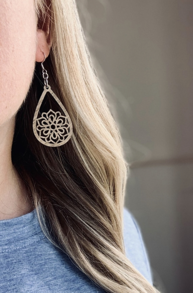 Mandala Flower Earrings, Wood Lightweight Dangle Teardrop Earrings