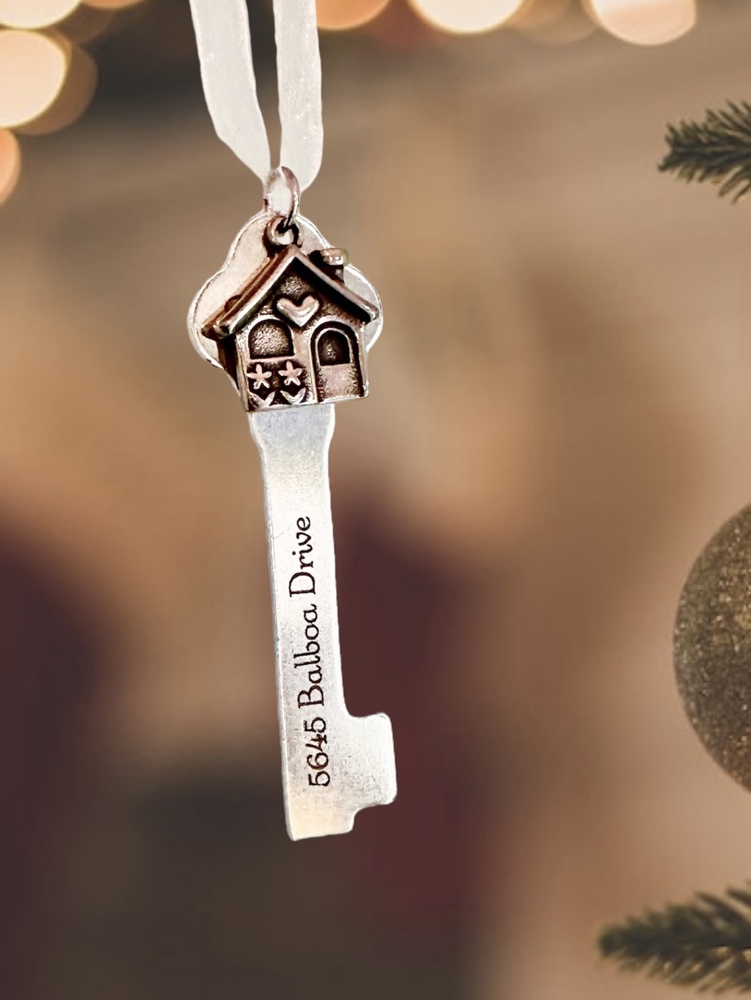 New Home Ornament Key and House-  Personalized Skeleton Key Shape