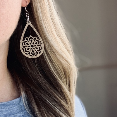 Mandala Flower Earrings, Wood Lightweight Dangle Teardrop Earrings