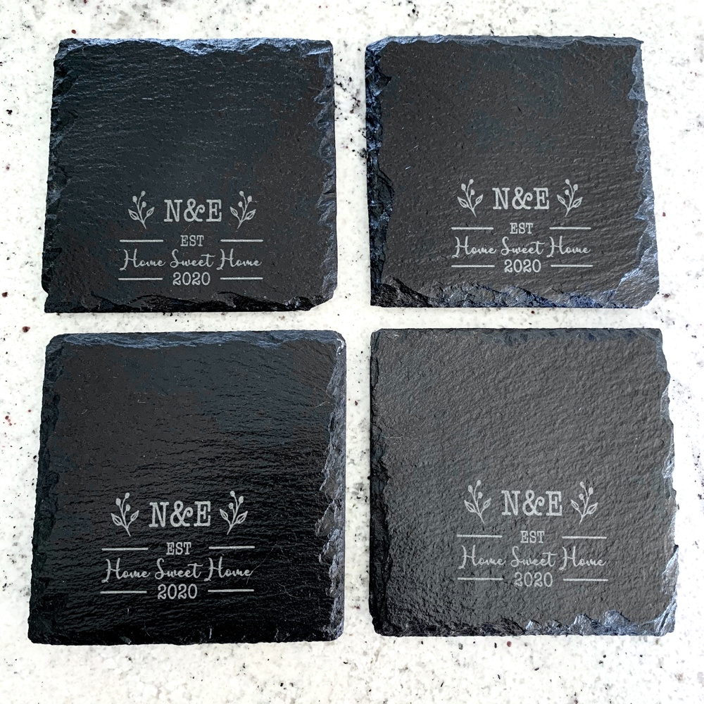 Set of 4 Slate Personalized Coasters, Engraved Last Name Set