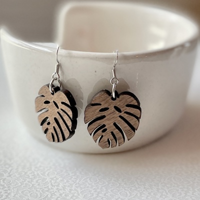 Walnut Wood Monstera Tropical Leaf Drop Earrings