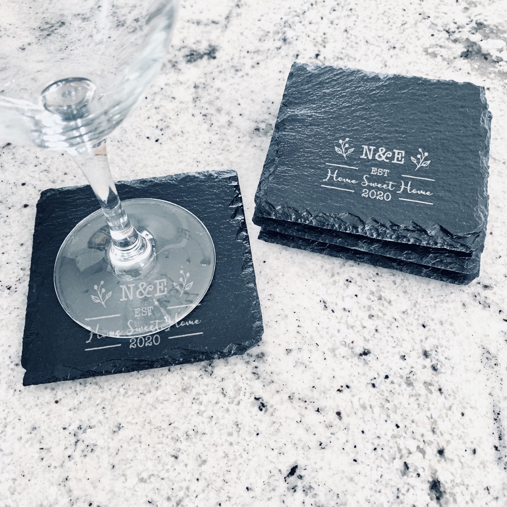 Set of 4 Slate Personalized Coasters, Engraved Last Name Set