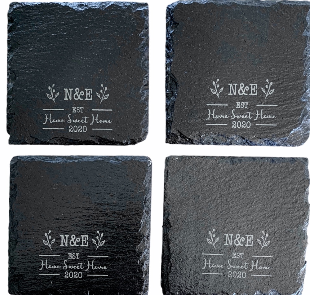 Set of 4 Slate Personalized Coasters, Engraved Last Name Set