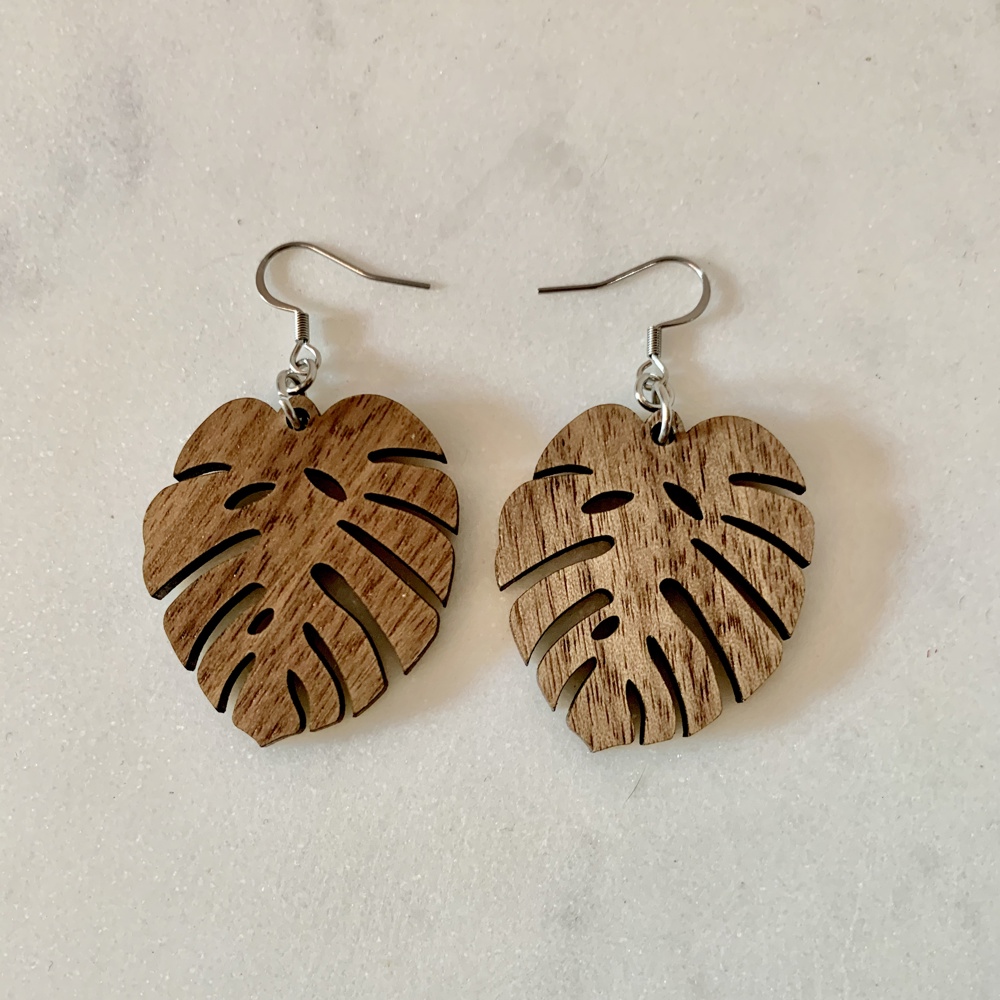 Walnut Wood Monstera Tropical Leaf Drop Earrings