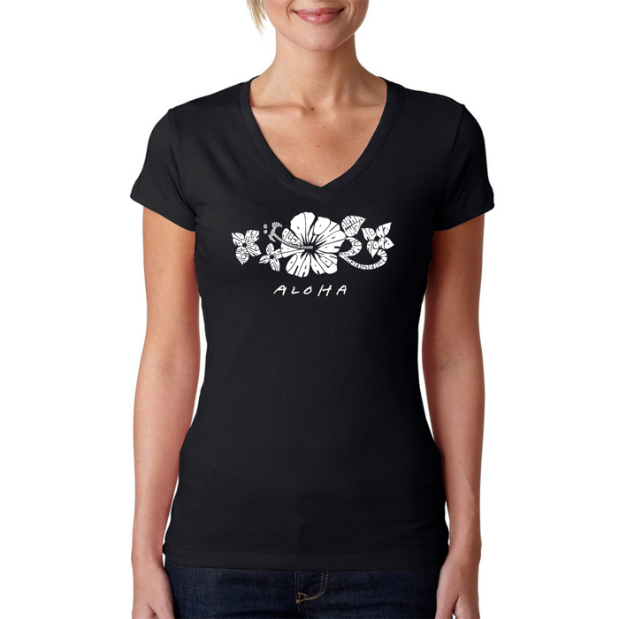 Women's Word Art V-Neck T-Shirt - ALOHA