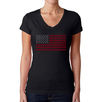 Women's Word Art V-Neck T-Shirt - USA Flag