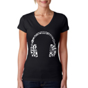 Black XXL Women's Word Art V-Neck T-Shirt - Music Note Headphones