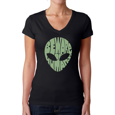 Women's Word Art V-Neck T-Shirt - Beware of Humans