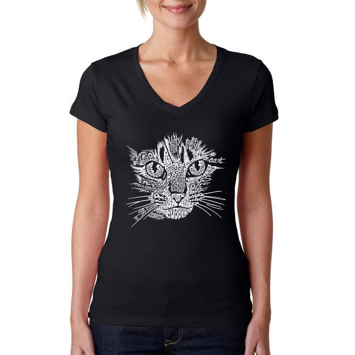 Women's Word Art V-Neck T-Shirt - Cat Face