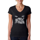 Black Large Women's Word Art V-Neck T-Shirt - Drums