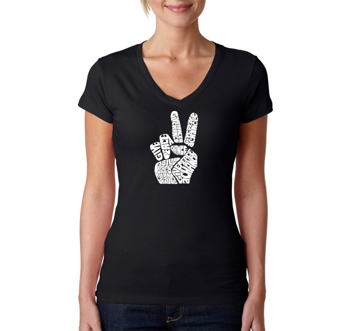 Women's Word Art V-Neck T-Shirt - PEACE FINGERS