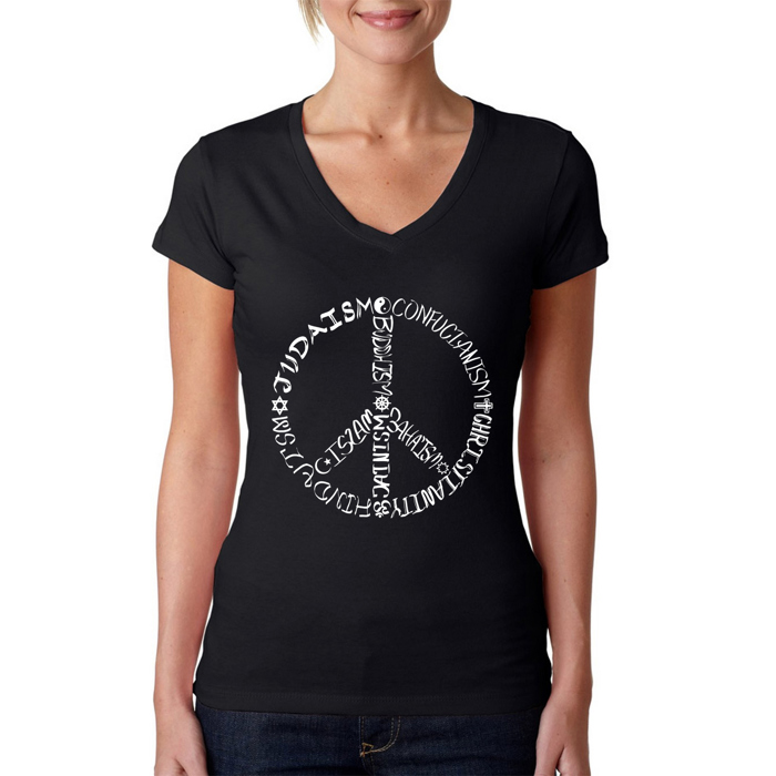 Women's Word Art V-Neck T-Shirt - Different Faiths peace sign