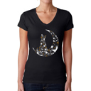 Black XL Cat Sitting On Moon - Women's Word Art V-Neck T-Shirt