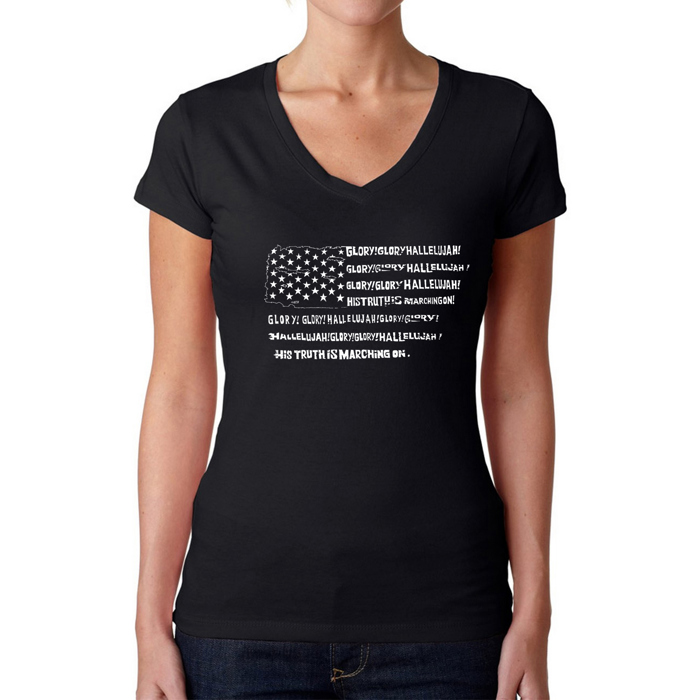 Women's Word Art V-Neck T-Shirt - Glory Hallelujah Flag