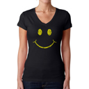 Black Medium Women's Word Art V-Neck T-Shirt - Be Happy Smiley Face