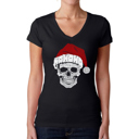 Black Small Santa Skull - Women's Word Art V-Neck T-Shirt