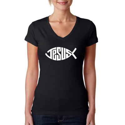 Women's Word Art V-Neck T-Shirt - Christian Jesus Name Fish Symbol
