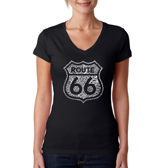 Women's Word Art V-Neck T-Shirt - Get Your Kicks on Route 66