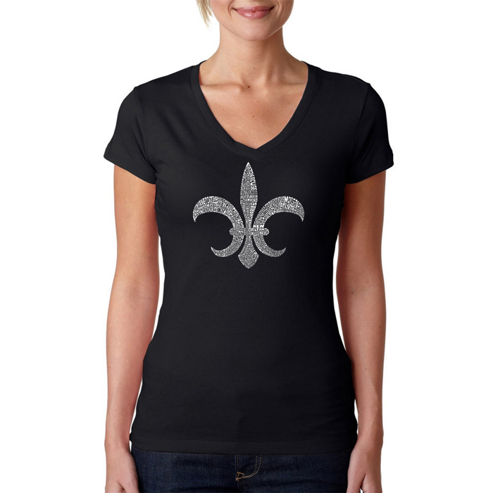 Women's Word Art V-Neck T-Shirt - FLEUR DE LIS - POPULAR LOUISIANA CITIES