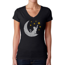 Black X-Small Cat Moon - Women's Word Art V-Neck T-Shirt