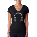 Black Large Women's Word Art V-Neck T-Shirt - HEADPHONES - LANGUAGES