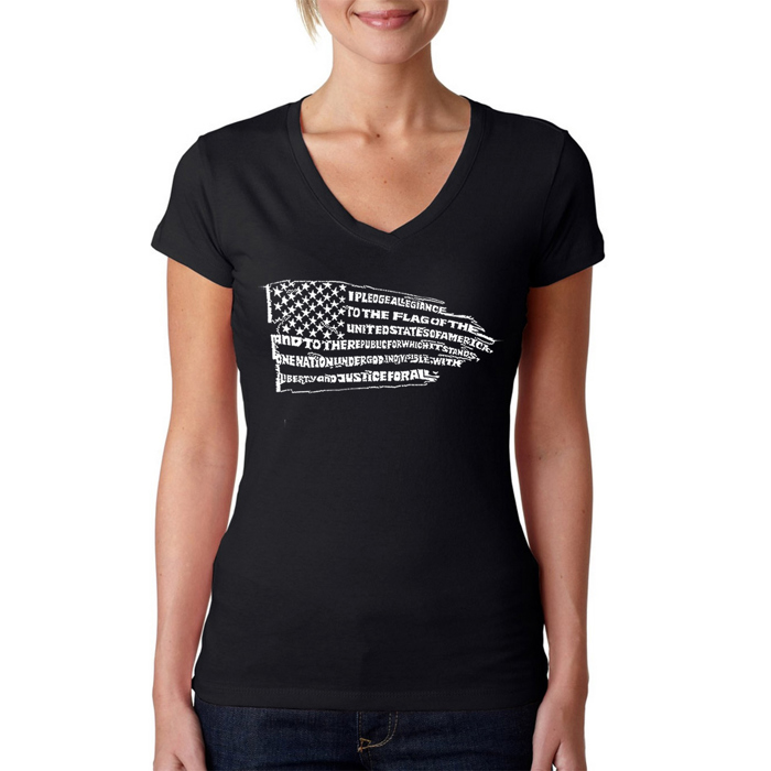 Women's Word Art V-Neck T-Shirt - Pledge of Allegiance Flag