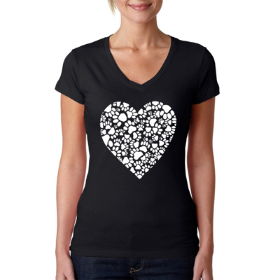 Women's Word Art V-Neck T-Shirt - Paw Prints Heart