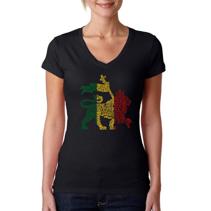 Women's Word Art V-Neck T-Shirt - Rasta Lion - One Love