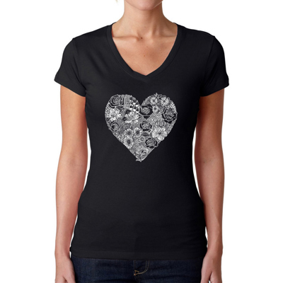 Women's Word Art V-Neck T-Shirt - Heart Flowers