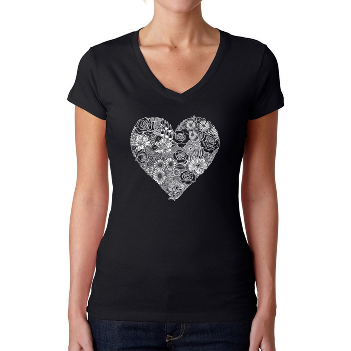 Women's Word Art V-Neck T-Shirt - Heart Flowers