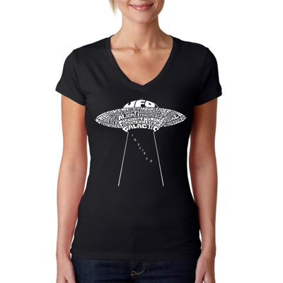 Women's Word Art V-Neck T-Shirt - Flying Saucer UFO