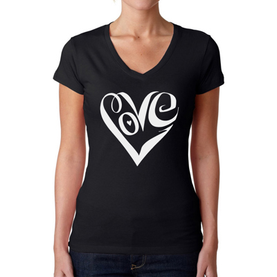Women's Word Art V-Neck T-Shirt - Script Love Heart