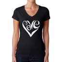 Black XL Women's Word Art V-Neck T-Shirt - Script Love Heart