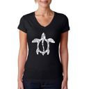  Women's Word Art V-Neck T-Shirt - Honu Turtle - Hawaiian Islands