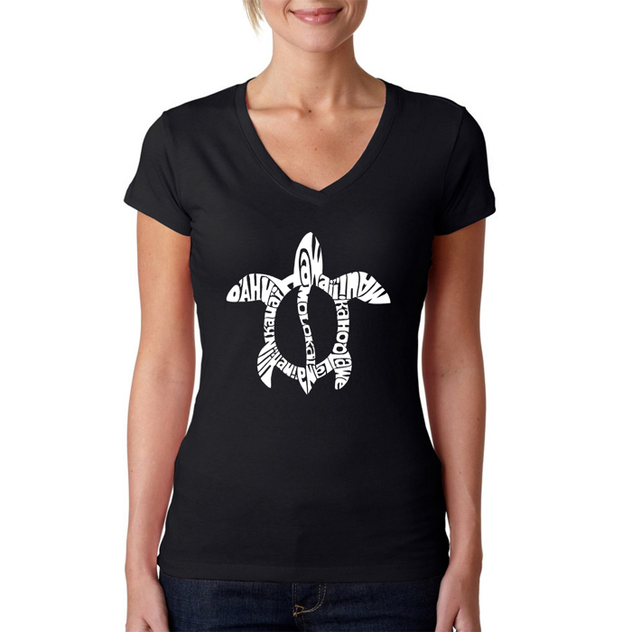 Women's Word Art V-Neck T-Shirt - Honu Turtle - Hawaiian Islands