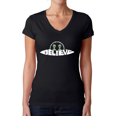 Believe UFO - Women's Word Art V-Neck T-Shirt