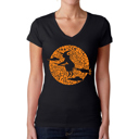 Black Small Women's Word Art V-Neck T-Shirt - Spooky Witch