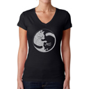 Black Small Women's Word Art V-Neck T-Shirt - Yin Yang Cat