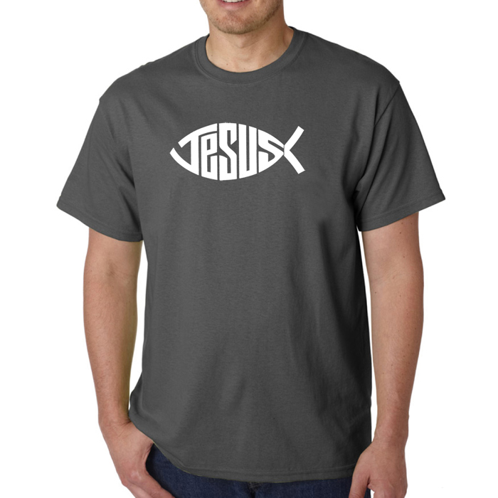 Mens Word Art T-shirt - Christian Jesus Name Fish Symbol