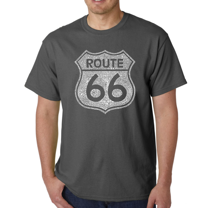 Mens Word Art T-shirt - Cities Along Route 66