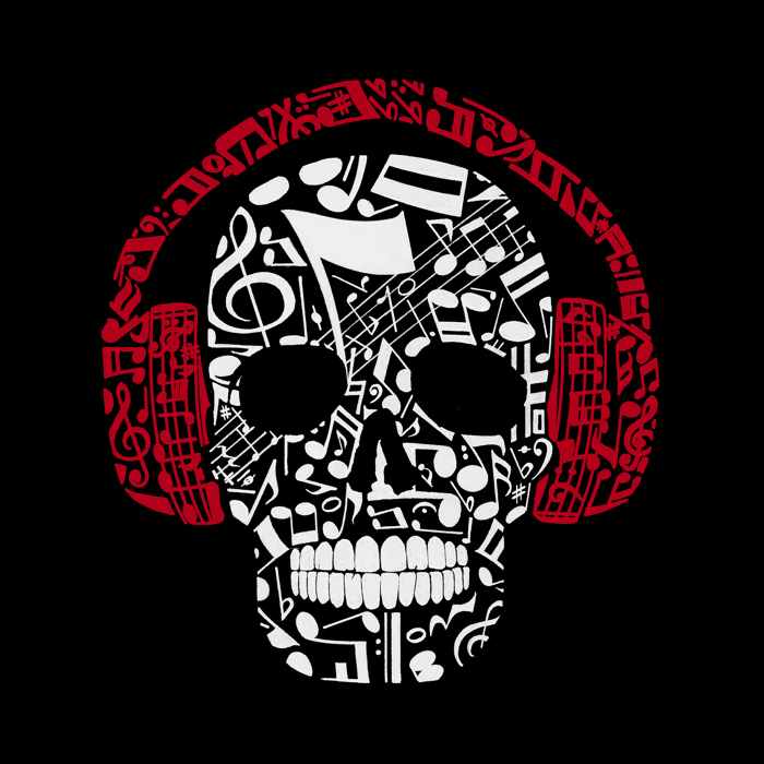 Mens Word Art T-shirt - Music Notes Skull