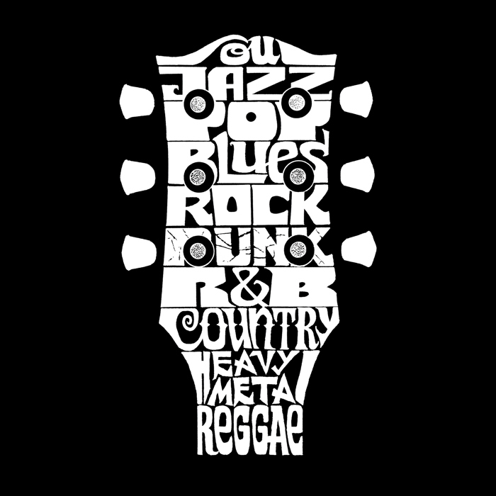 Men's Word Art T-shirt - Guitar Head Music Genres